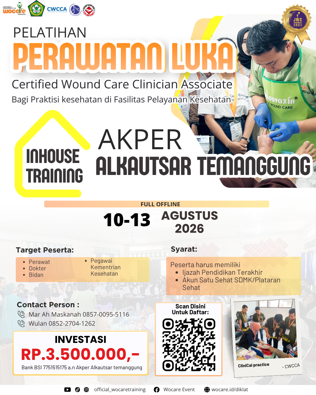 Poster diklat PELATIHAN PERAWATAN LUKA MODERN (CWCCA) INHOUSE AKPER ALKAUTSAR NU TEMANGGUNG AGUSTUS 2026