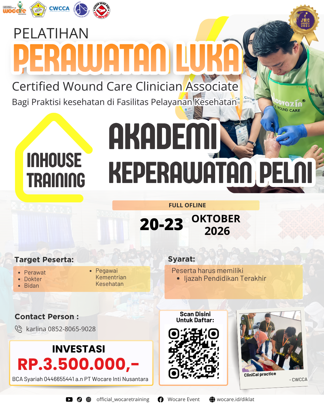 Poster diklat PELATIHAN PERAWATAN LUKA MODERN (CWCCA) INHOUSE AKADEMI  KEPERAWATAN PELNI OKTOBER 2026